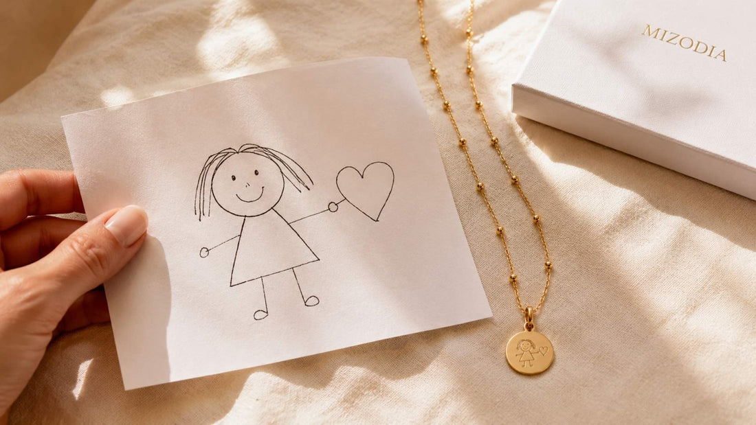 Kinderzeichnung als Gravurvorlage neben personalisiertem Schmuck
