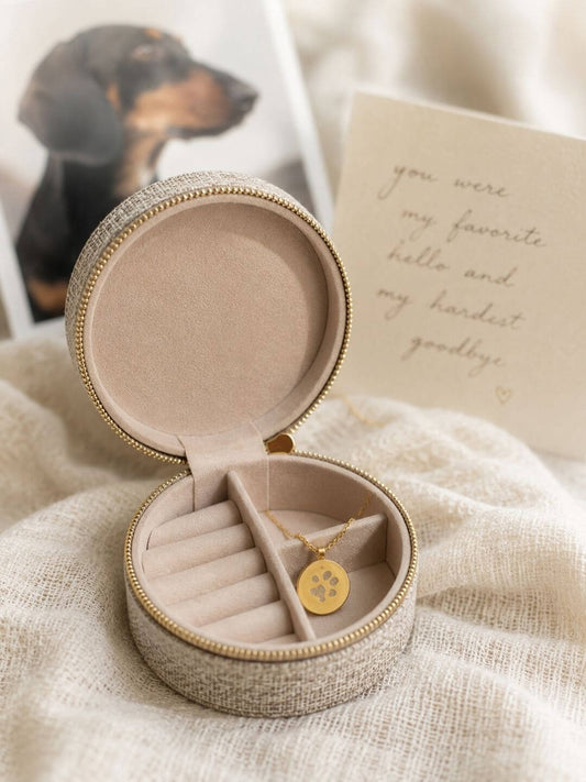Personalisierte Kette als Andenken an einen verstorbenen Hund in heller Geschenkbox