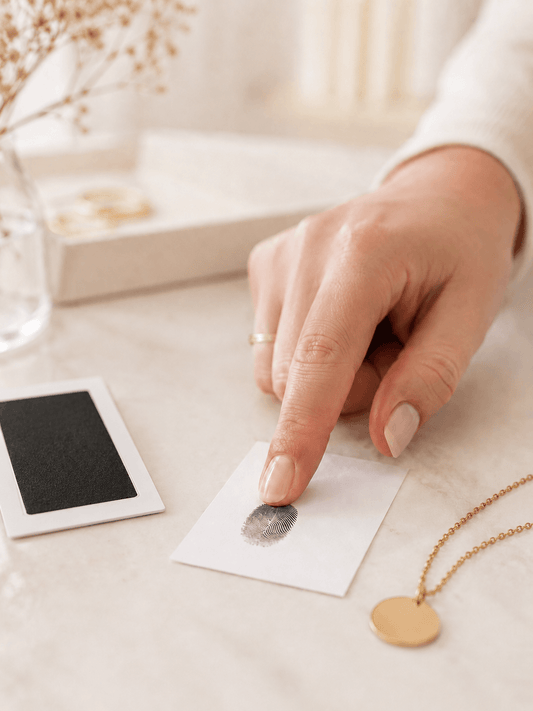 Fingerabdruck-Vorlage neben personalisiertem Schmuck in Mizodia Geschenkbox