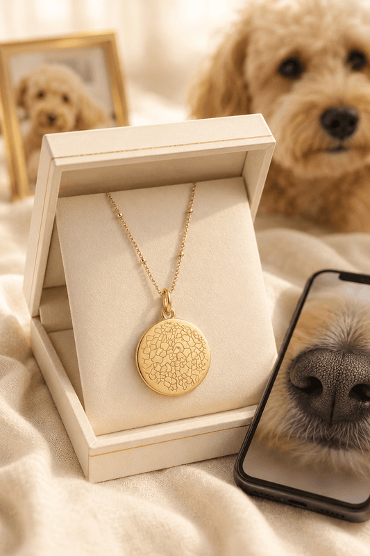 Personalisierte Nasenabdruck-Kette für Hunde in eleganter Geschenkbox mit Foto als Vorlage