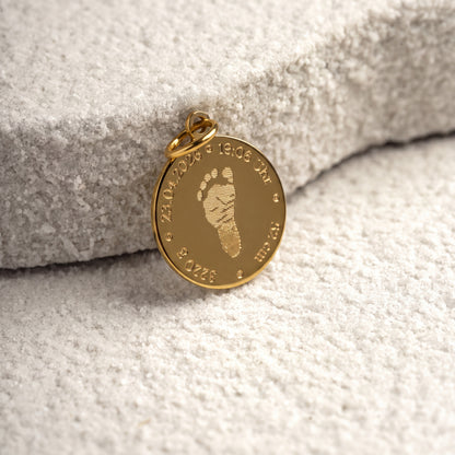 Birth Details + Footprint Charm in Solid Gold