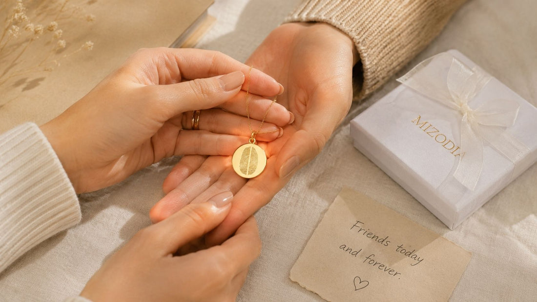 Goldene Fingerabdruck-Kette als Freundschaftsschmuck mit handgeschriebener Botschaft und Mizodia Geschenkbox