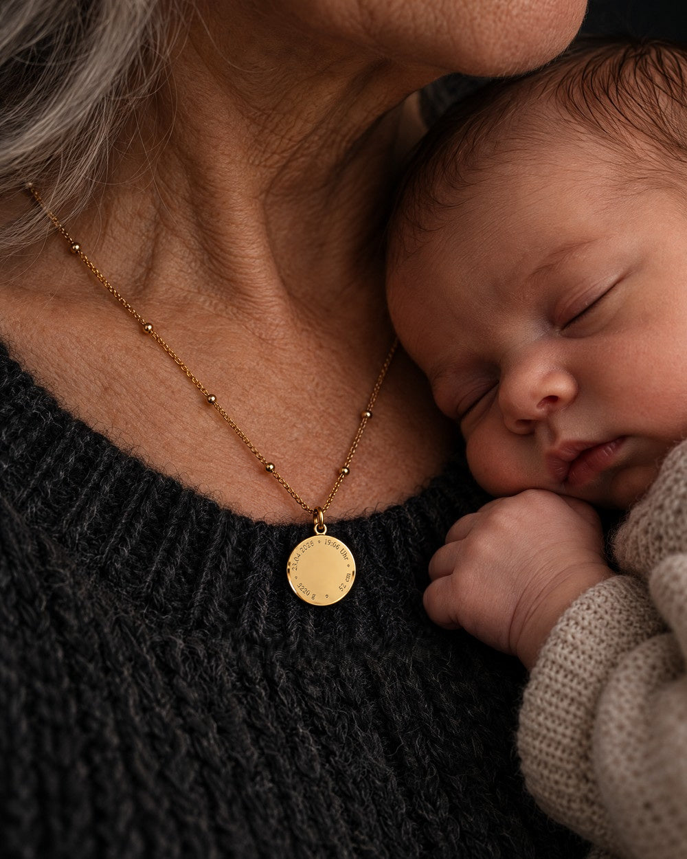 Grandmother holds her sleeping grandchild and wears a Mizodia necklace with a birth details engraving