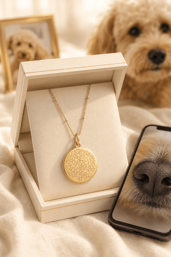 Personalisierte Nasenabdruck-Kette für Hunde in eleganter Geschenkbox mit Foto als Vorlage