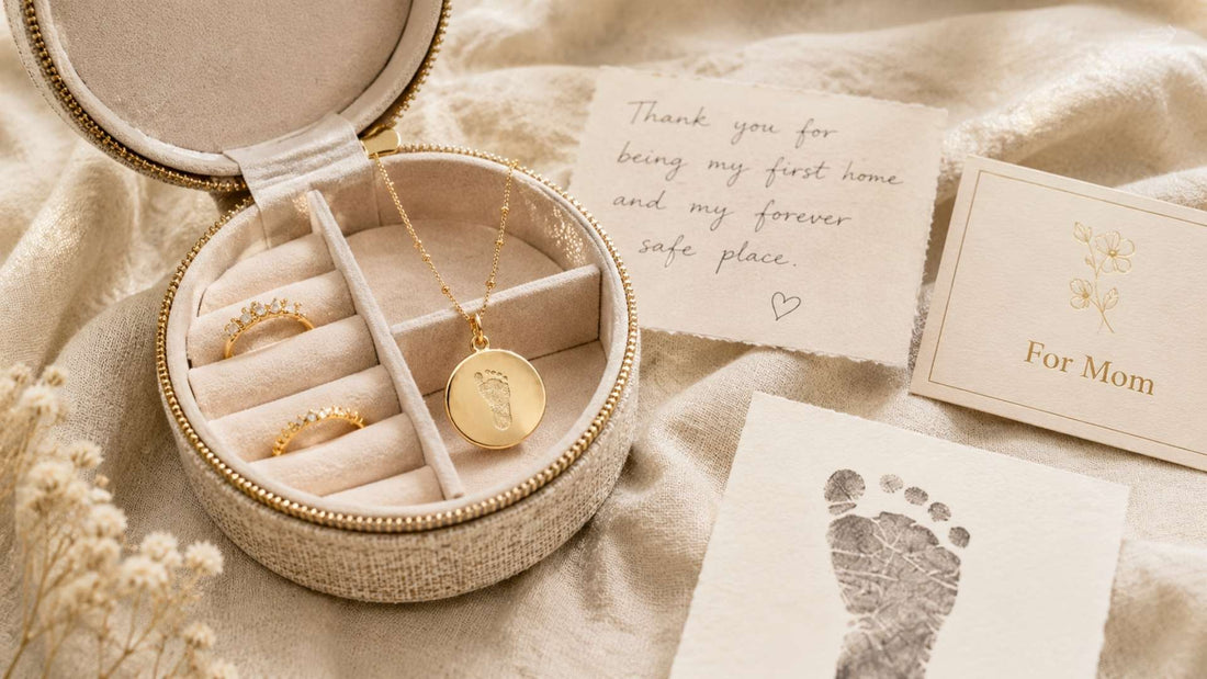 Persönliches Geschenk für Mama mit Schmuck, Handschrift und Abdruck in heller Geschenkbox